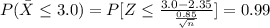 P(\= X \le 3.0 ) = P[Z \le \frac{3.0 - 2.35}{\frac{ 0.85}{\sqrt{n} } }  ] = 0.99
