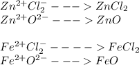 Zn^{2+}Cl^{-}_{2}---ZnCl_{2}\\Zn^{2+}O^{2-}---ZnO\\\\Fe^{2+}Cl^{-}_{2}----FeCl_{2}\\Fe^{2+}O^{2-}---FeO