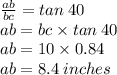 \frac{ab}{bc}   = tan \: 40 \\ ab = bc \times tan \: 40 \\ ab = 10 \times 0.84 \\ ab = 8.4 \: inches \:
