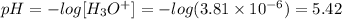 pH = -log [H_3O^{+} ] = -log (3.81 \times 10^{-6}) = 5.42
