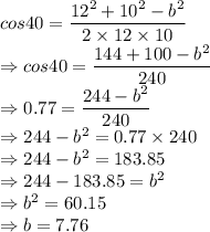 cos 40 = \dfrac{12^{2}+10^{2}-b^{2}}{2\times 12\times 10}\\\Rightarrow cos 40 = \dfrac{144+100-b^{2}}{240}\\\Rightarrow 0.77 = \dfrac{244-b^{2}}{240}\\\Rightarrow 244-b^{2} = 0.77 \times 240\\\Rightarrow 244-b^{2} = 183.85\\\Rightarrow 244-183.85 = b^{2}\\\Rightarrow b^2 = 60.15\\\Rightarrow b = 7.76