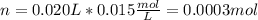 n=0.020L*0.015\frac{mol}{L}=0.0003mol