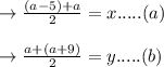 \to \frac{(a-5)+a}{2}=x.....(a)\\\\\to \frac{a+(a+9)}{2}=y.....(b)\\\\