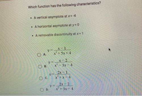 Which function has the following characteristics? A vertical asymptote at x=-4 A horizontal asymptot