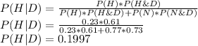 P(H|D)=\frac{P(H)*P(H\&D)}{P(H)*P(H\&D)+P(N)*P(N\&D)}\\P(H|D)=\frac{0.23*0.61}{0.23*0.61+0.77*0.73}\\P(H|D)=0.1997