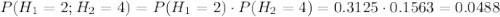 P(H_1=2;H_2=4)=P(H_1=2)\cdot P(H_2=4)=0.3125\cdot0.1563=0.0488