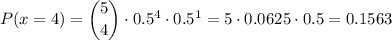 P(x=4)=\dbinom{5}{4}\cdot0.5^{4}\cdot0.5^{1}=5\cdot0.0625\cdot0.5=0.1563\\\\\\