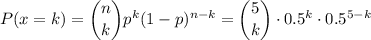 P(x=k)=\dbinom{n}{k}p^k(1-p)^{n-k}=\dbinom{5}{k}\cdot0.5^k\cdot0.5^{5-k}