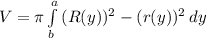 V=\pi \int\limits^a_b {(R(y))^{2} - (r(y))^{2}} \, dy