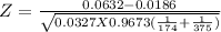 Z = \frac{0.0632-0.0186  }{\sqrt{0.0327 X 0.9673(\frac{1}{174 }+\frac{1}{375 } ) } }