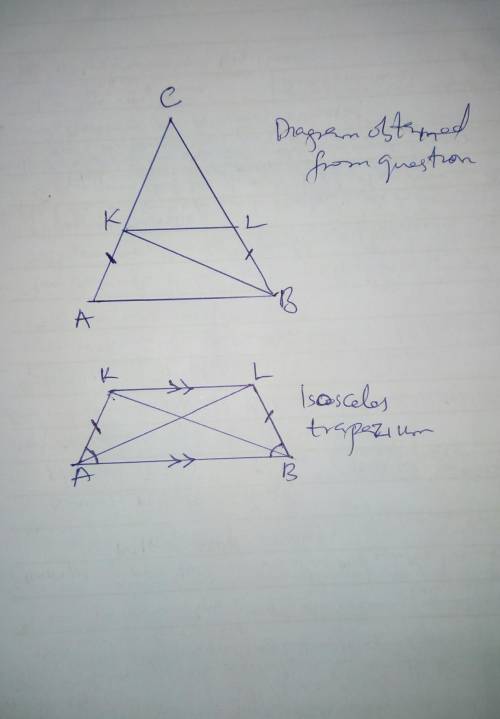 In an isosceles triangle △ABC with base of AB=8, points K and L are marked on sides AC and BC accord