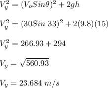 V_y^2 = (V_oSin \theta)^2 + 2gh\\\\V_y^2 =  (30Sin \ 33)^2 + 2(9.8)(15)\\\\V_y^2 = 266.93 + 294\\\\V_y = \sqrt{560.93} \\\\V_y = 23.684 \ m/s