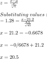 z=\frac{x-\mu}{\frac{\sigma}{\sqrt{n} } }\\\\ Substituting \ values:\\-1.28=\frac{x-21.2}{\frac{3.5}{\sqrt{45} } }\\\\x-21.2=-0.6678\\\\x=-0/6678+21.2\\\\x=20.5