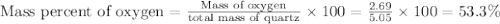 \text{Mass percent of oxygen}=\frac{\text{Mass of oxygen}}{\text{total mass of quartz}}\times 100=\frac{2.69}{5.05}\times 100=53.3\%