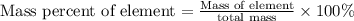 \text{Mass percent of element}=\frac{\text{Mass of element}}{\text{total mass}}\times 100\%