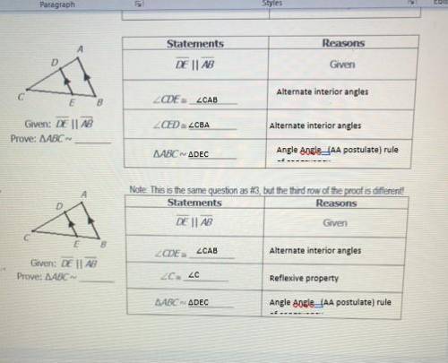 Given DE is parallel to segment AB prove triangle ABC~ two column proofs DUE TODAY!