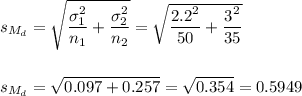 s_{M_d}=\sqrt{\dfrac{\sigma_1^2}{n_1}+\dfrac{\sigma_2^2}{n_2}}=\sqrt{\dfrac{2.2^2}{50}+\dfrac{3^2}{35}}\\\\\\s_{M_d}=\sqrt{0.097+0.257}=\sqrt{0.354}=0.5949