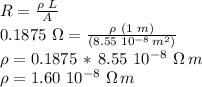 R=\frac{\rho\,\,L}{A}\\0.1875\,\,\Omega=\frac{\rho\,\,(1\,\,m)}{(8.55\,\,10^{-8}\,m^2)}\\\rho=0.1875\,*\,8.55\,\,10^{-8}} \,\,\Omega\,m\\\rho=1.60\,\,10^{-8}\,\,\Omega\,m