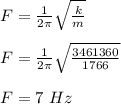 F = \frac{1}{2\pi}\sqrt{\frac{k}{m} }  \\\\F =  \frac{1}{2\pi}\sqrt{\frac{3461360}{1766} }\\\\F = 7 \ Hz