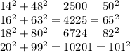 14^2+48^2=2500=50^2\\16^2+63^2=4225=65^2\\18^2+80^2=6724=82^2\\20^2+99^2=10201=101^2