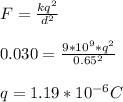 F = \frac{kq^2}{d^2} \\\\0.030 = \frac{9 * 10^9 * q^2}{0.65^2}\\\\q = 1.19 * 10^{-6} C