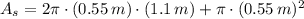 A_{s} = 2\pi\cdot (0.55\,m)\cdot (1.1\,m)+\pi\cdot (0.55\,m)^{2}