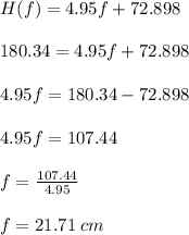 H(f) = 4.95f +72.898 \\\\180.34 = 4.95f +72.898 \\\\4.95f = 180.34 -72.898 \\\\4.95f = 107.44\\\\f = \frac{107.44}{4.95} \\\\f = 21.71 \: cm