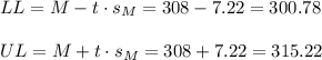 LL=M-t \cdot s_M = 308-7.22=300.78\\\\UL=M+t \cdot s_M = 308+7.22=315.22