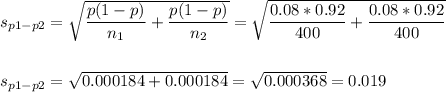s_{p1-p2}=\sqrt{\dfrac{p(1-p)}{n_1}+\dfrac{p(1-p)}{n_2}}=\sqrt{\dfrac{0.08*0.92}{400}+\dfrac{0.08*0.92}{400}}\\\\\\s_{p1-p2}=\sqrt{0.000184+0.000184}=\sqrt{0.000368}=0.019