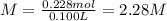 M = \frac{0.228mol}{0.100L} =2.28 M
