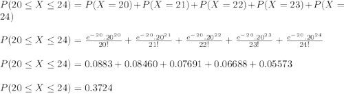 P ( 20 \leq X \leq 24 ) = P ( X = 20 ) + P ( X = 21 ) + P ( X = 22 )+P ( X = 23 ) + P ( X = 24 )\\\\P ( 20 \leq X \leq 24 ) = \frac{e^-^2^0 . 20^2^0}{20!} +  \frac{e^-^2^0 . 20^2^1}{21!} + \frac{e^-^2^0 . 20^2^2}{22!} + \frac{e^-^2^0 . 20^2^3}{23!} + \frac{e^-^2^0 . 20^2^4}{24!} \\\\P ( 20 \leq X \leq 24 ) = 0.0883 +0.08460 +0.07691 +0.06688+0.05573\\\\P ( 20 \leq X \leq 24 ) = 0.3724