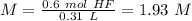 M=\frac{0.6~mol~HF}{0.31~L}=1.93~M