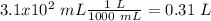 3.1x10^2~mL\frac{1~L}{1000~mL}=0.31~L