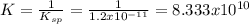 K=\frac{1}{K_{sp}}=\frac{1}{1.2x10^{-11}}=8.333x10^{10}