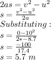 2as=v^2-u^2\\s=\frac{v^2-u^2}{2a}\\ Substituting:\\s=\frac{0-10^2}{2*-8.7}\\ s=\frac{-100}{17.4}\\ s=5.7\ m