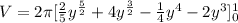 V=2\pi[\frac{2}{5}y^{\frac{5}{2}}+4y^{\frac{3}{2}}-\frac{1}{4}y^4-2y^3]^{1}_{0}