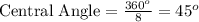 \text{Central Angle}=\frac{360^{o}}{8}=45^{o}