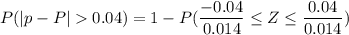 P(|p-P|0.04)=1 -P( \dfrac{-0.04}{0.014} \leq Z\leq \dfrac{0.04}{0.014})