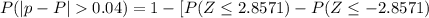 P(|p-P|0.04)=1 -[P(Z \leq 2.8571) -P  (Z\leq -2.8571)