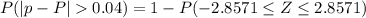 P(|p-P|0.04)=1 -P( -2.8571 \leq Z\leq 2.8571)