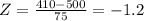Z = \frac{410-500}{75} = - 1.2