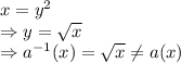 x =y^{2}\\\Rightarrow y = \sqrt x\\\Rightarrow a^{-1}(x) = \sqrt{x} \ne a(x)