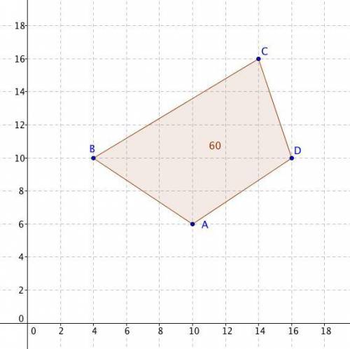 On a coordinate plane, trapezoid A B C D has points (10, 6), (4, 10), (14, 16), (16, 10). What is th