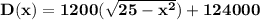 \mathbf{D(x) = 1200(\sqrt{25-x^2})+ 124000}