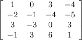 \left[\begin{array}{cccc}1&0&3&-4\\-2&-1&-4&-5\\3&-3&0&3\\-1&3&6&1\end{array}\right]