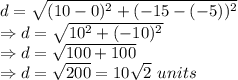 d = \sqrt{(10-0)^2+(-15-(-5))^2}\\\Rightarrow d = \sqrt{10^2+(-10)^2}\\\Rightarrow d =\sqrt{100+100}\\\Rightarrow d =\sqrt{200} = 10\sqrt2\ units