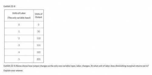 Exhibit 22-8 Above shows how output changes as the only one variable input, labor, changes. At what