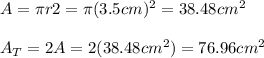 A=\pi r2=\pi (3.5cm)^2=38.48cm^2\\\\A_T=2A=2(38.48cm^2)=76.96cm^2