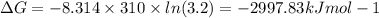 \Delta G = -8.314 \times 310 \times  ln (3.2) = -2997.83 kJ mol-1