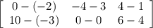 \left[\begin{array}{ccc}0-(-2)&-4-3&4-1\\10-(-3)&0-0&6-4\end{array}\right]